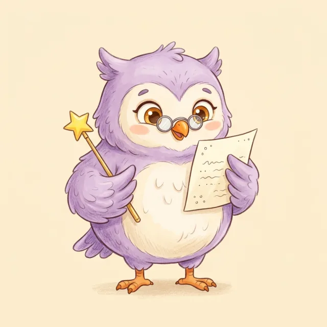 Wanda the owl wearing glasses and reading a page of writing